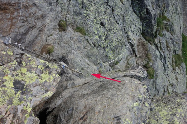 Day 39. The climb to the Col des Picots has a handy cable. But one of the stones to which the cable was attached has fallen into the void, now suspended only by the cable (arrow)!