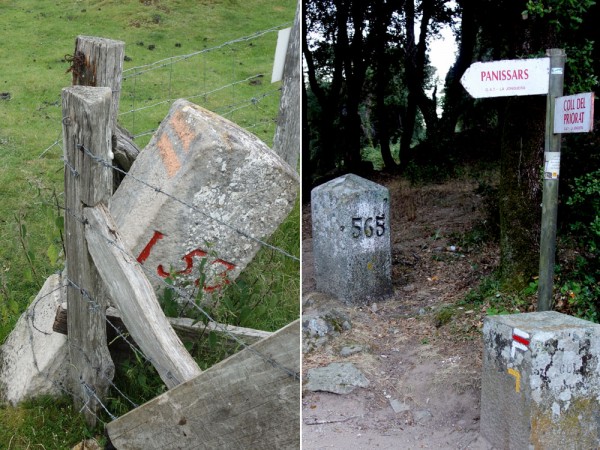 Markers on the French-Spanish border. No 153 is near St-Jean-Pied-de-Port, six day’s walking from the Atlantic; no 565 is near Panissars, two day’s walking from the Mediterranean. There are 602 in all, plus a few subsidiary ones.